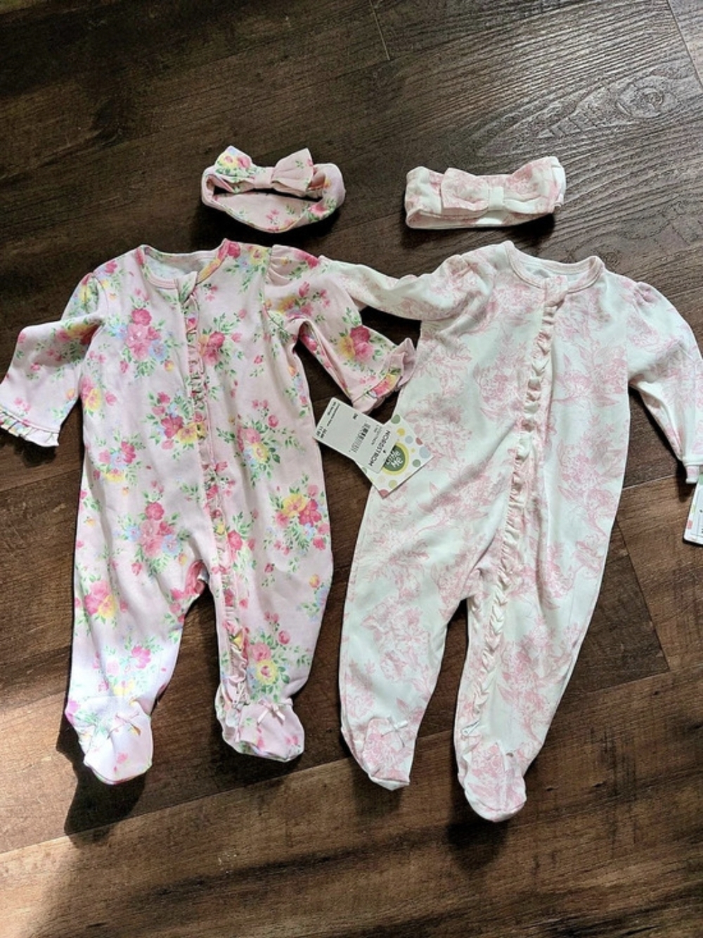 Little Me Baby 3M Floral Footed Pajama Sleep And Play Set With Headbands. NWT